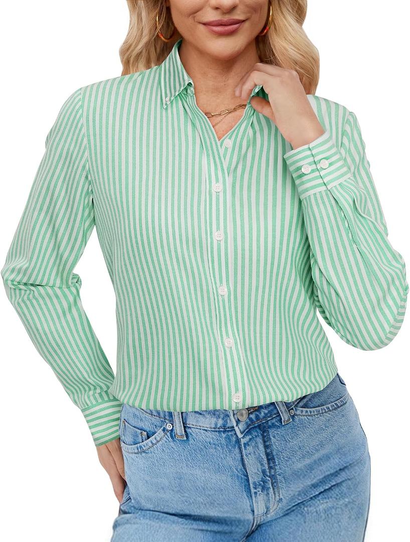 siliteelon Button Down Shirts for Women Oxford Shirt Long Sleeve Classic Wrinkle Free Business Dress Shirts Work Office (Green, XXL)