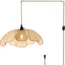 20 Inch Boho Flower Chandeliers for Dining Room Farmhouse Rattan Pendant Lights Girl Chandelier Hand Woven Bedroom Light Fixture Dimmable Plug in Hanging Lamp for Kitchen Island (Yellow)