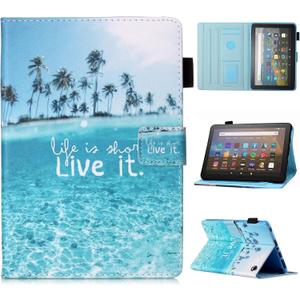 MonsDirect for Amazon Kindle Fire HD 8 & 8 Plus Case (12th/10th Generation 2024/2022/2020 Release), PU Leather Stand Cover, Auto Wake/Sleep with Pen Holder for Fire HD 8/8 Plus 2024/2022/2020, Beach (#1 Beach)