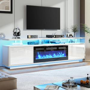 80" Fireplace TV Stand with Double LED Lights for TVs UP to 80", Electric Fireplace Entertainment Center with Storage Cabinets, TV Console for Living Room, Office, White