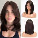 Alanhair Dark Brown Wigs for Women with Curtain Bangs 16 Inches Shoulder Length Natural Synthetic Wig for Daily Use