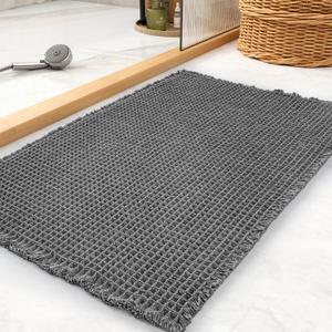 tchdio Waffle Bath Mat Rug, Super Absorbent Non Slip Bath Mats for Bathroom Mat Ultra Soft Bathmat Machine Washable Bathroom Rugs with Tassels, Bath Rugs Beside Tub, 24" x 36" (Dark Grey)
