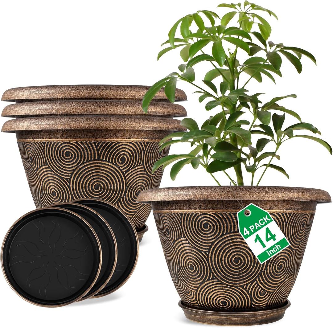 Fodetyff 14 Inch Large Planter Pot for Plants Indoor Outdoor, 4 Pack Plastic Flower Pots with Drainage Hole & Tray, Modern Decorative Garden Pot with Saucer, Plant Container for House, Gold, 14 inch-4 pack