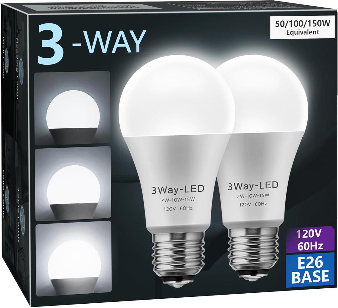 Briignite LED Light Bulbs,      50 100 150W Equivalent, 3 Way Light Bulbs, Three Way A19 Light Bulb E26 Medium Base, Daylight White 5000K, 500lm-1000lm-1500lm, 2Pack