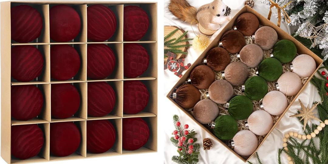 46 Pcs Velvet Christmas Ornaments Set 36 3.15 Inch Flocked Velvet Christmas Balls & 20 Bows