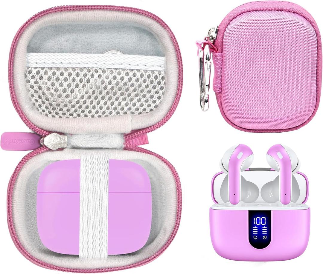 CaseSack Case for TAGRY X08 Bluetooth Headphones True Wireless Earbuds 60H, mesh Pocket for Charge Cable (Pink)