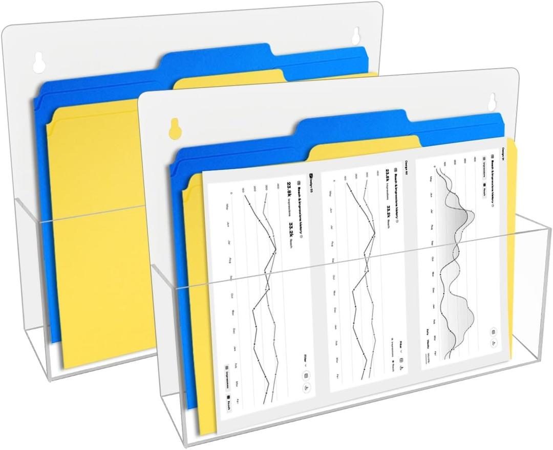 2 Pack Clear Acrylic File Holder Wall Mount Self Adhesive, Legal Size Hanging Paper Organizer, Wall Pocket File Holder Storage for Letter Folder Brochure Magazine Bookshelf Literature Display (13 x 9.5 in, White)