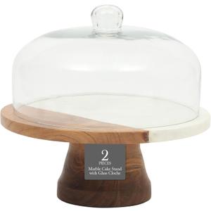 Gibson Elite Ridgehaven 10" Marble & Wood Cake Stand, Serving Platter, Charcuterie Board, and Center Piece Home Dcor With Glass Lid