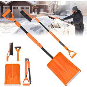 49.6" Snow Shovel Kit for Driveway Car Snow Kit with Snow Cleaning Brush Ice Scraper, Foldable Manual Snow Removal Tool, 3-Piece Detachable Winter Car Emergency Set, Orange