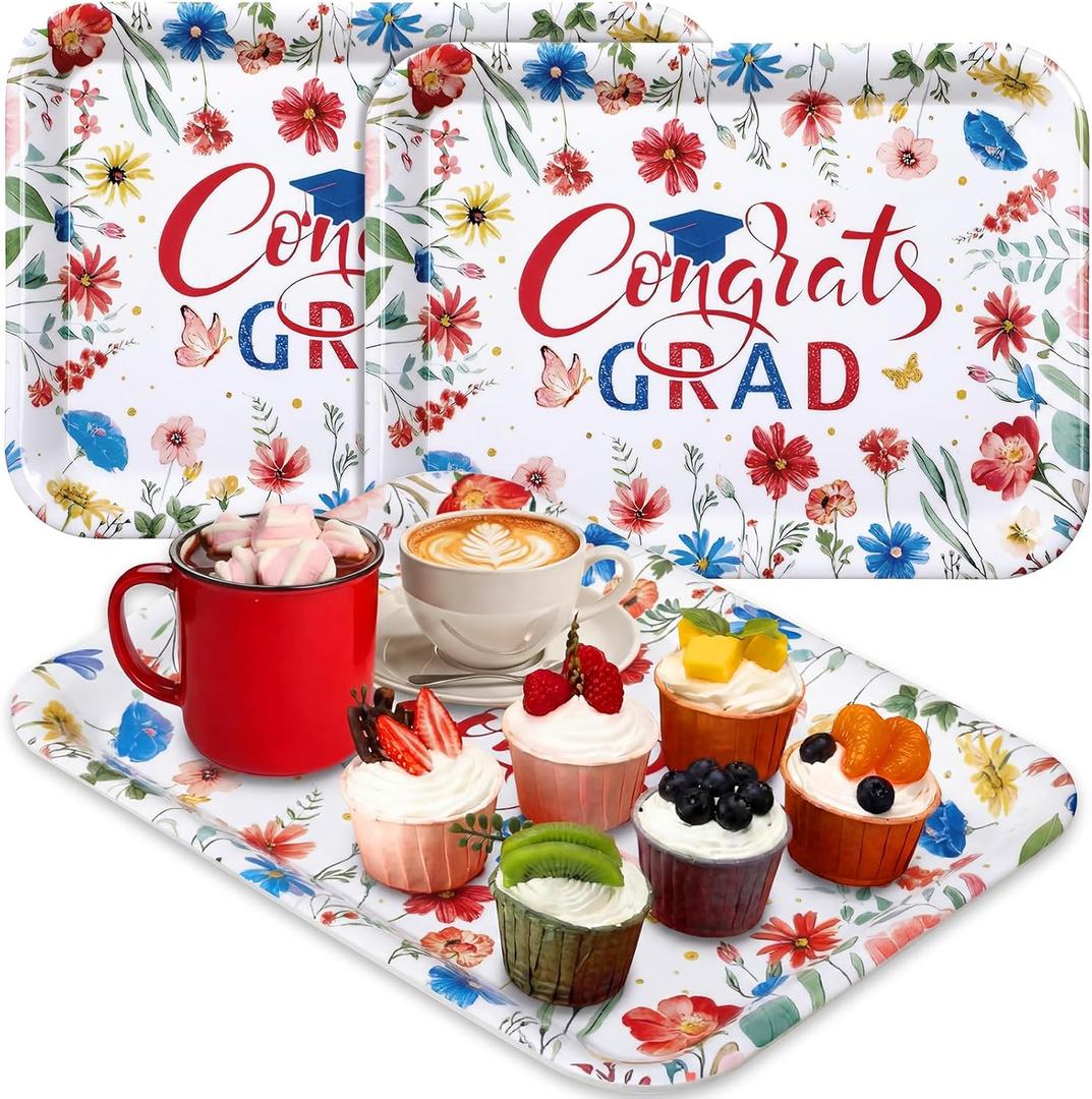 Vesici 3 Pcs Red White Blue Wildflower Graduation Serving Trays 13 x 10 Inch Floral Class of 2026 Congrats Grad Melamine Platters Reusable Rectangular Serving Dishes for Graduate Party Snack Dessert