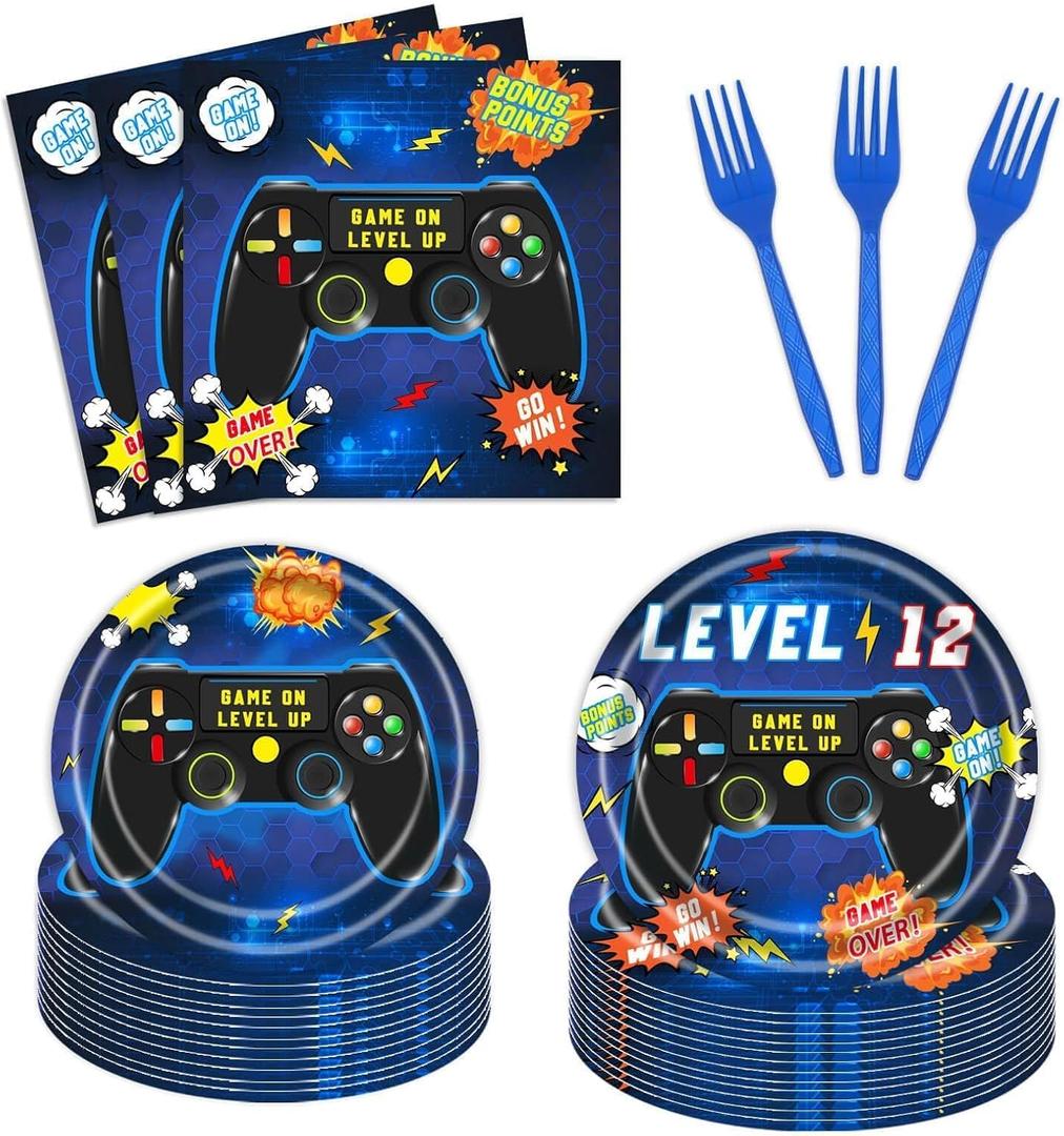 96PCS 12th Birthday Video Game Party Decorations, Boy Blue 12th Birthday Party Plates and Napkins Set For 24 Guests, 12th Video Game Decorations for Boys