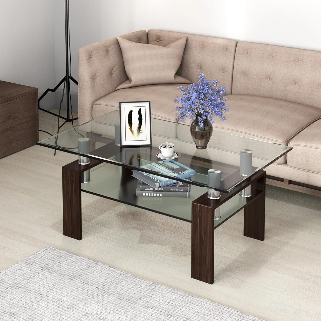 Rectangle Glass Coffee Table Metal Legs End Table Livingroom Coffee