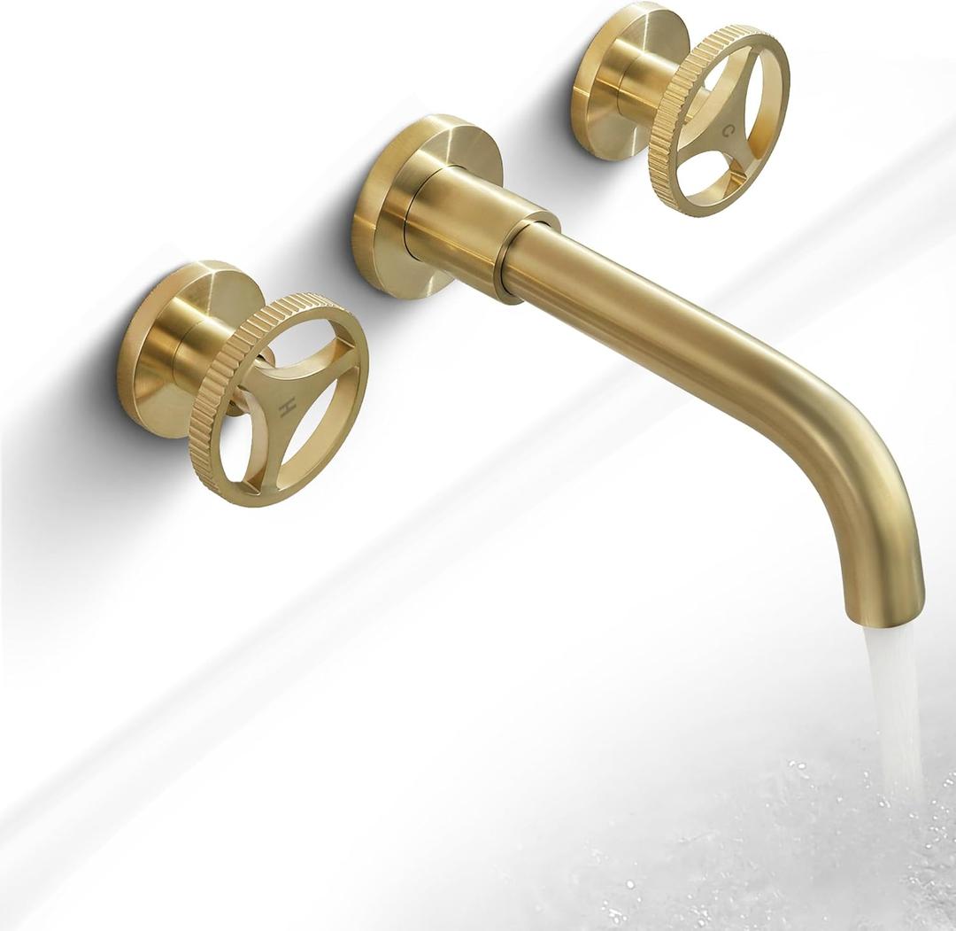 SKOWLL Wall Mount Bathroom Faucet 3 Hole, Widespread Brass Vessel Sink Faucet Modern with 360 Swivel Spout, Brushed Gold