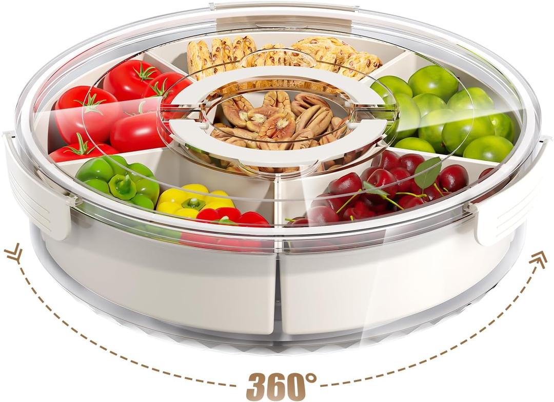 Divided Serving Tray with Lid and Handle,Large Snack Spinner,Snackle Box Container, Multi-purpose Food Platter for Charcuterie Veggie Fruit, Taco Tuesday Movie Night Travel Beach Picnic Essentials (11.4", White)