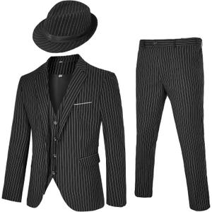 Men's 4 Piece 1920s Suit One Button Vintage Suit,Jacket Vest Pants with Hat (Black, Small)