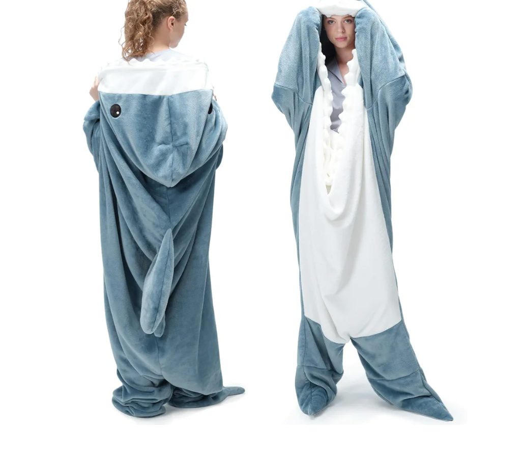 Touchat Shark Blanket for Adult & Kids Super Soft Cozy Flannel Throw Wearable Blanket, Cartoon Animals Shark Onesie Hoodie, Sleeping Bag Cosplay Shark Costume Blanket Gifts for Shark Lovers (Blue,M)