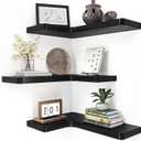fuqing Corner Floating Shelves for Storage, Set of 3, Solid Wood, Wall Mount Wooden Display Shelf for Bathroom Bedroom Kitchen Garage, Black (Invisible Bracket, Black)