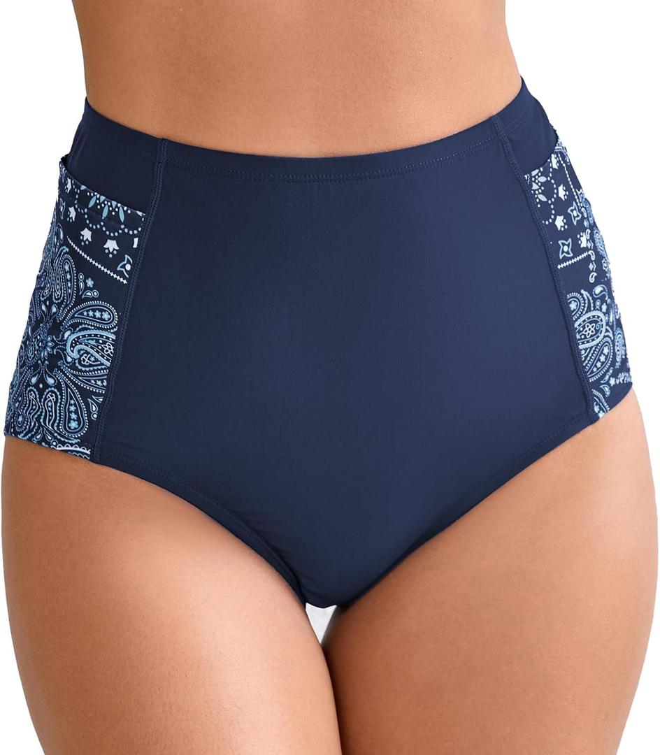 Halcurt Women's High Waisted Swim Bottoms (Available in Plus) Full Coverage Bikini Swimsuit Bottoms (Blue, M)