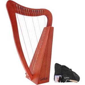 LIEKE Lyre Harp 15 Nylon strings Mahogany Harp Instrument With Bag | Solid mahogany resonance body delivers warm, resonant, well-balanced tones. holds tune reliably. Comfortable string spacing, 14.5 x 7.5 x 22 inches