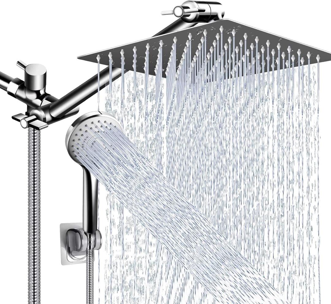 Shower Head Combo,10 Inch High Pressure Rain Shower Head with 11 Inch Adjustable Extension Arm and 5 Settings Handheld ,Powerful Shower Spray Against Low Pressure Water with Long Hose (Chrome)