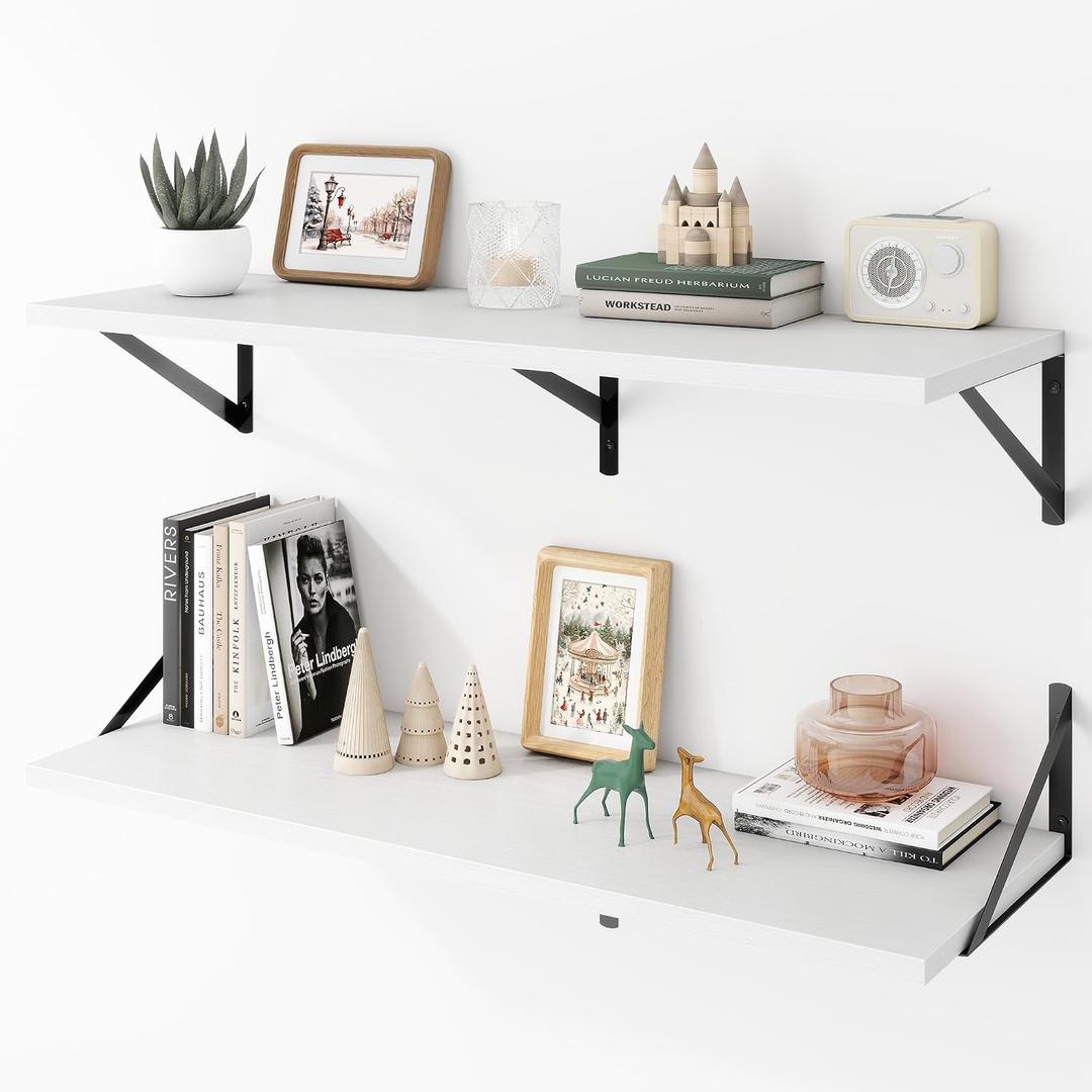 Acovy Deep Floating Shelves Wall Mounted, 36"x12" White Wall Shelves with Brackets Set of 2 for Bedroom, Living Room, Bathroom, Kitchen, Office - Storage & Display Shelf for Decor, Books, Plants