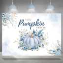 Blue Pumpkin Backdrop Baby Shower Blue Floral A Little Pumpkin is On The Way Photography Background Baby Shower Party Decoration Supplies Cake Table Banner Photo Booth Props 7x5ft