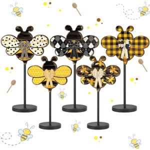 Yousoontic 5 Pcs Summer Wooden Tabletop Decor Freestanding Wood Table Sign Summer Decorations for Home Rustic Tabletop Centerpiece Standing Block Decorations for Farmhouse Office (Bee)