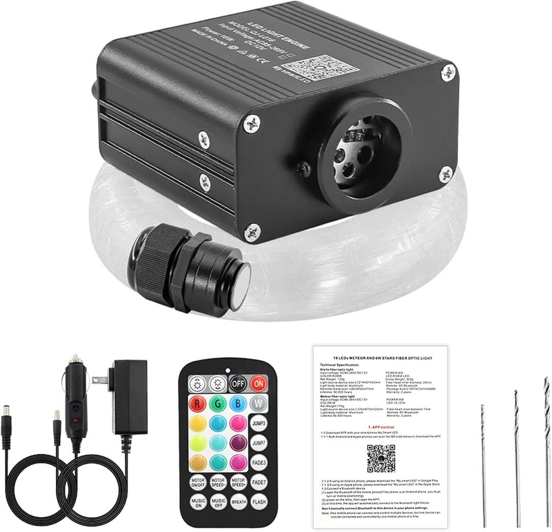 Starlight Headliner Kit, 16W Twinkle 600pcs 0.03in 9.8ft Starlight Kit, Compact Size Fiber Optic Star Lights for Car Roof with Bluetooth APP/Remote Control