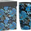 Ceramic Coffee Mug Travel Cup Gift with Lid 17oz, Porcelain Tall Tea Cup with Handle for Home & Office, Blue & Flower Art Pattern Mug in Gift Box, 6.5''H