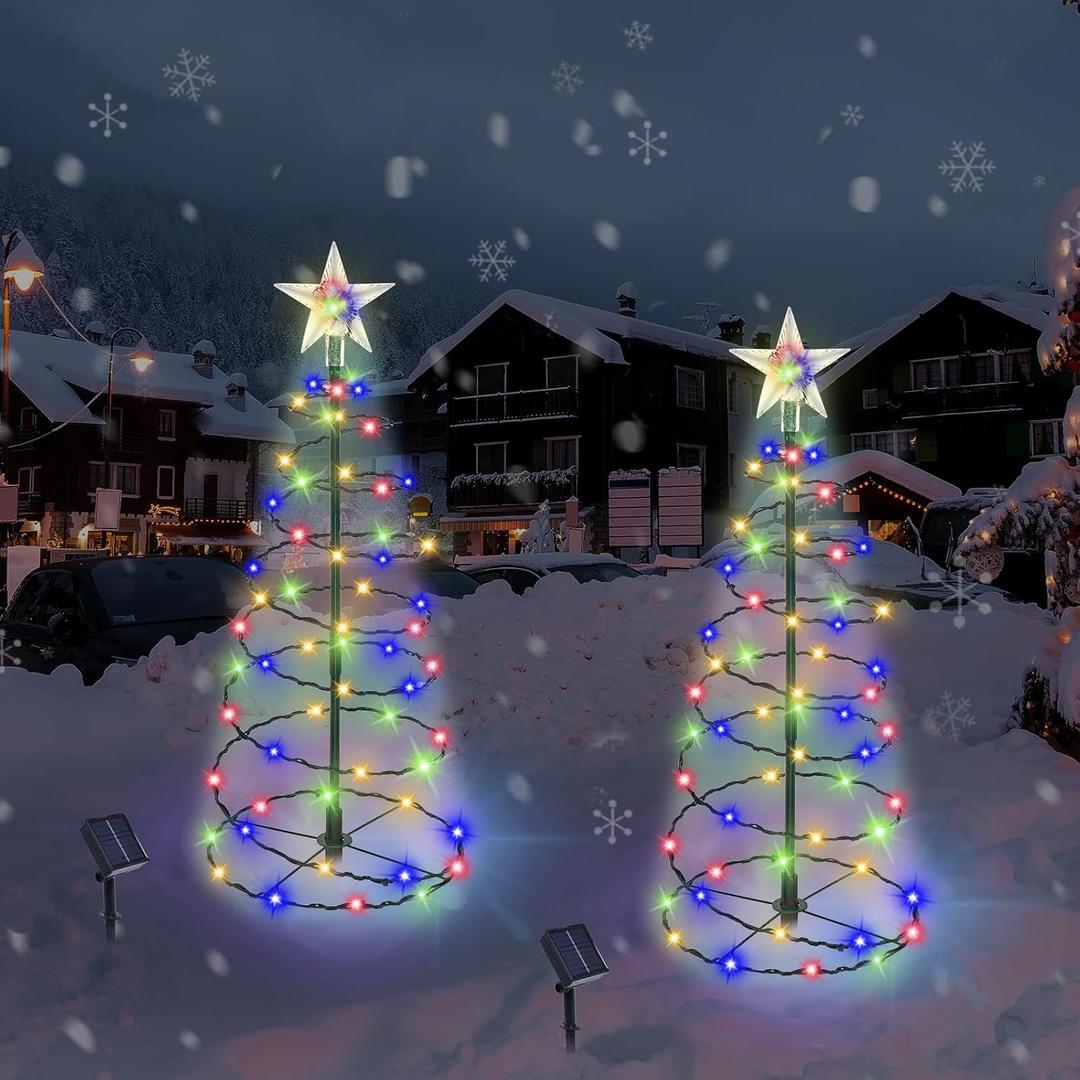 Outdoor Christmas Decorations, 2 Pack 20'' Spiral Solar Christmas Tree Lights, 8 Modes Solar Pathway Lights, Waterpoof Light up Prelit Xmas Tree for Garden Patio Yard Walkway DrivewayMulticolor