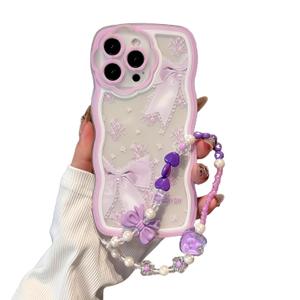 for iPhone 14 Plus Case, [Wave Rolled Edge Comfort Grip] [2-in-1 with Beaded Wrist Strap Bracelet] Beautiful Light Purple Bow Pattern for Women & Girls