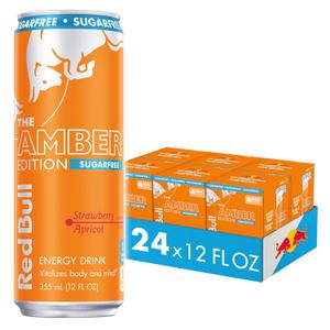 Red Bull Amber Edition Sugar Free Energy Drink, Strawberry Apricot, with 114mg Caffeine plus Taurine & B Vitamins, 12 Fl Oz, 6 Packs of 4 Cans (Pack of 24), Best By 06/30/26