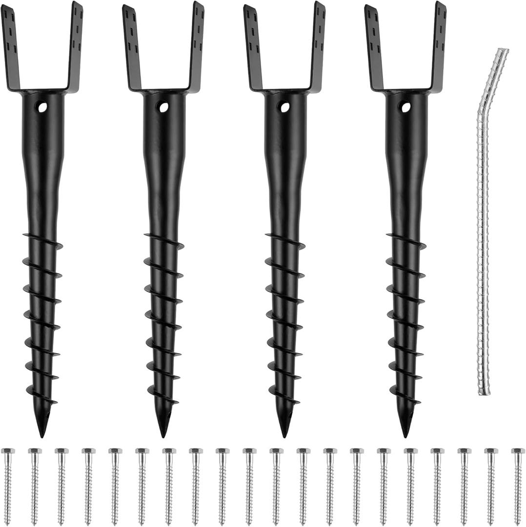 4 x No Dig Ground Screw Anchor - Black U Shaped Post Stake for 4x4 Wood Posts, Includes Lag Bolts & 27" Rebar, for Mailbox Posts and Fence Posts Anchor, 4 Pack
