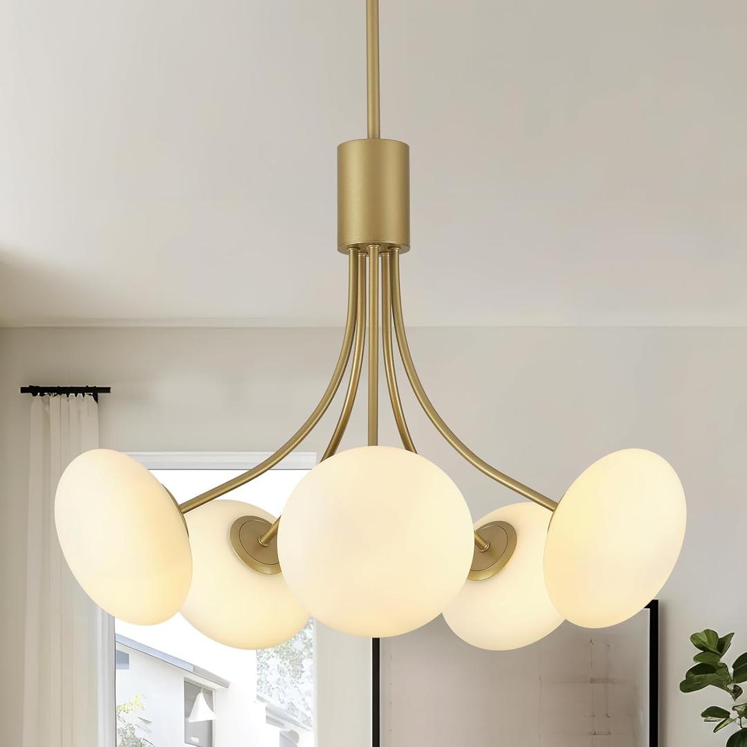 Mid Century Modern Chandelier, G9 Gold Vintage Chandelier Modern 5-Light, Globe Modern Sputnik Light Fixture with Withe Frosted Glass for Living Room Kitchen Island Bedroom