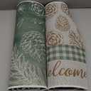 Welcome Winter Wishes Kitchen Rugs Set of 2, Green Pine Cone Pine Needle Kitchen Mats Decor, Christmas Plaid Farmhouse Seasonal Floor Door Mat Home Decorations - 17x29 and 17x47 Inch