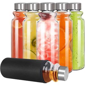 Glass Water Bottles Set of 6, 18 oz, Reusable Water Bottle with Lids, LeakProof Juice Bottles, BPA Free, Container Bottle for Refrigerator, Suitable for Beverage, Milk, Soda (Clear-6 pcs)