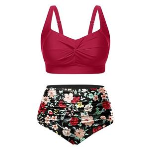 Tempt Me Women Plus Size High Waisted Bikini Set Two Piece Swimsuit Tummy Control Bathing Suits Red and Floral 20W