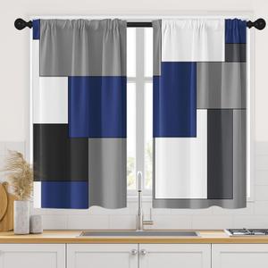 Dark Blue Kitchen Curtains 45 Inch Length Black Grey White Geometric Simple Style Window Short Tier Curtains Over Sink Set of 2, Modern Abstract Art Small Kitchen Decor 34x45 Inch