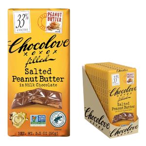 Chocolove Filled Salted Peanut Butter Milk Chocolate Bars | 33% Cocoa | Crafted with Silky Belgin Chocolate | Non GMO, Rainforest Alliance Certified, 3.2oz Bar (10 Pack) BB 1/2026