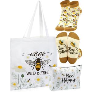 3 Pcs Bee Themed Gifts for Women Funny Honeybee Canvas Tote Bag with Zipper Makeup Bag and Socks Bee day Holiday Birthday Gifts for Mother Teachers Employee Beekeepers Lovers