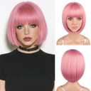 12 Inch Short Pink Bob Wig with Bangs for Halloween Daily Cosplay & Party Use, Heat Resistant Straight Synthetic Costume Colorful Wigs for Women, Pink