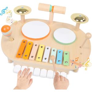 Toddler Drum Set for Kids, Wooden Montessori Toys for 2 Year Old, Baby Musical Instruments Percussion Set with Xylophone, Toddler Gifts for 2 3 4 Year Old Girls Boys Kids