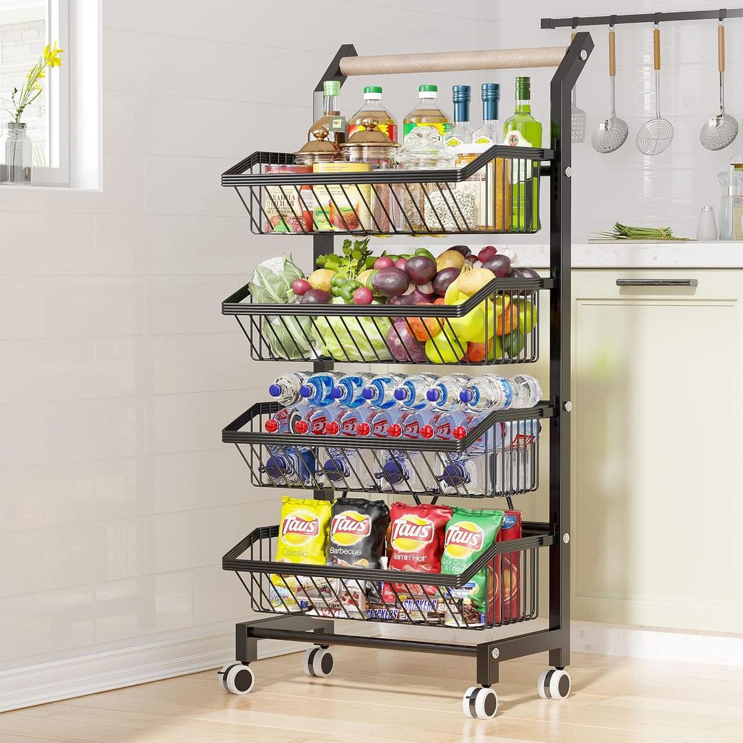 COVAODQ Snack Cart with Wheels 4-Tier Adjustable Fruit Rack Fruit Vegetable Basket Cart Metal Wire Storage Cart Rolling Pantry Utility Kitchen Cart (Black With Handle)