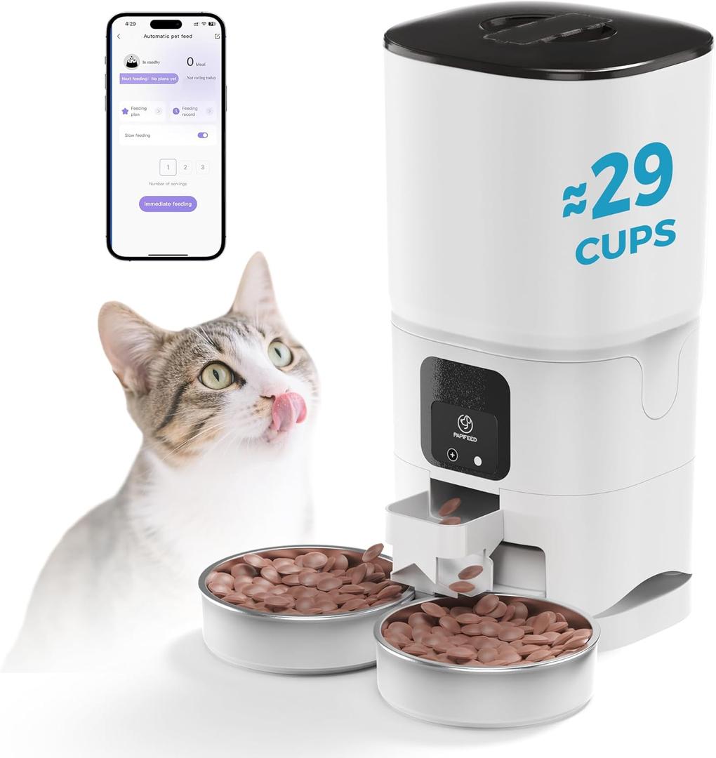 PAPIFEED Automatic Cat Feeder for 2 Cats, 2.4G WiFi Cat Food Dispenser with App Control, 7L Slow Feed Pet Feeder with 2 Stainless Bowls for Cats & Dogs, 12 Portions 10 Meals Daily - White
