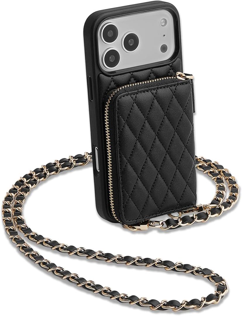 LAMEEKU for iPhone 17 Pro Case Wallet with Card Holder,RFID Blocking Wrist Strap Crossbody Cover for Women 6.3" Black
