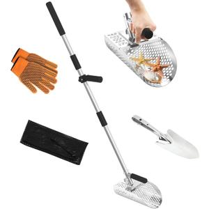 Sand Scoop for Metal Detecting, Metal Detector Sand Shovel Accessories for Beach, Stainless Steel Sand Sifter Digging Tool, Long Handle Fast Sand Sifting Flea Rake for Underwater Treasure Hunting (45")