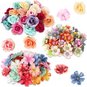 Hanaive 160 Pcs Faux Flower Heads Mini Artificial Flower Heads Fake Peony Daisy Rose Plum Blossom Multicolor Small Silk Floral Bulk for Crafts Garland Wedding Party DIY Home Halloween Decoration