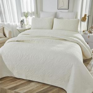 Brandream Queen Size Quilt Set Cotton Cream White Quilt Set Luxury Damask Matelasse Coverlet Set 3-Piece
