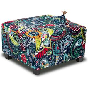 Ottoman Cover Square Slipcovers Printed,Stretch Footrest Stool Cover for Ottoman Square,Soft Foot Stool Cover Protector with Nonslip Elastic Bottom (Medium,Navy&Green)