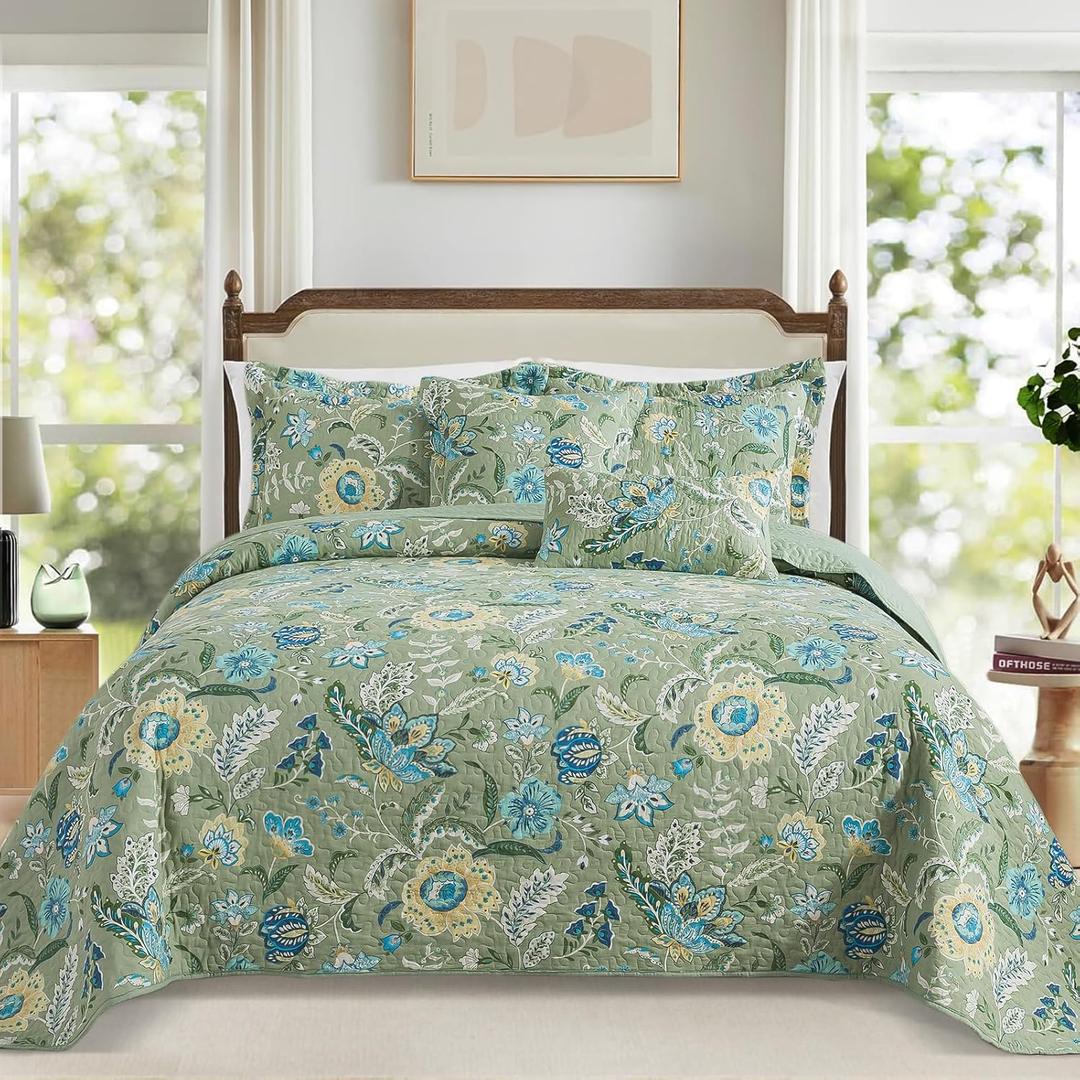 TWINRUN California King Quilt Sets,3 Pieces Oversized Cotton King Size Quilt Bedding Set (108 X 118 Inches), Vintage Sage Green California King Bedspread, Lightweight Cotton Coverlets for All Seasons